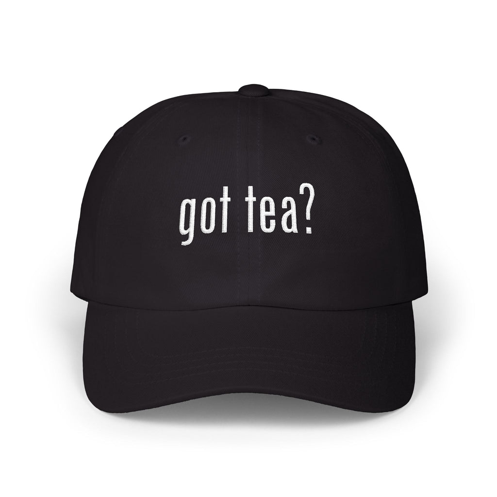 Got Tea? Dad Cap — White Embroidered Minimal Trucker Hat