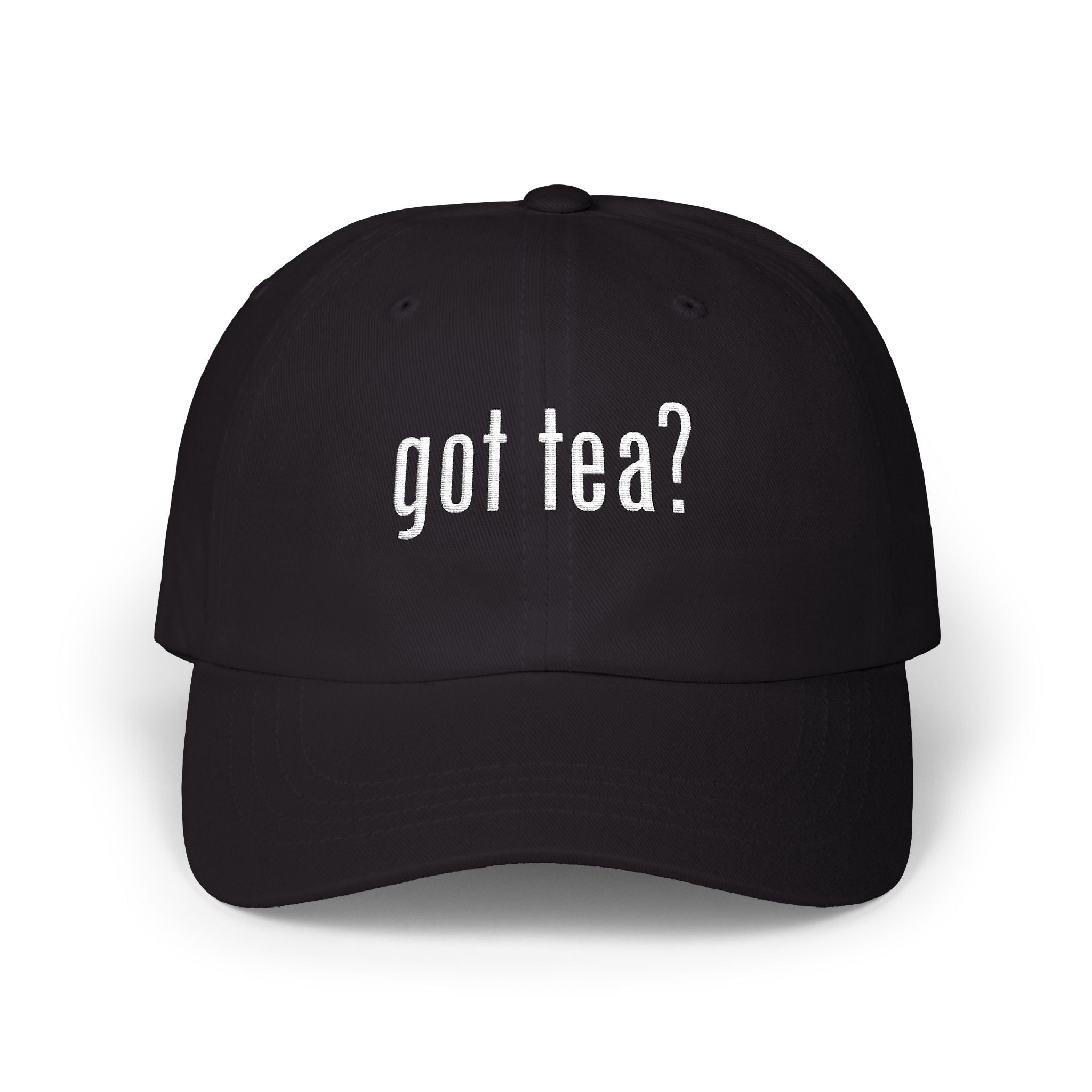 Got Tea? Dad Cap — White Embroidered Minimal Trucker Hat